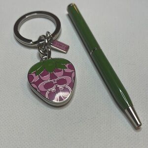 Coach Pink Strawberry Locket Keychain and Green Coach Pen Set